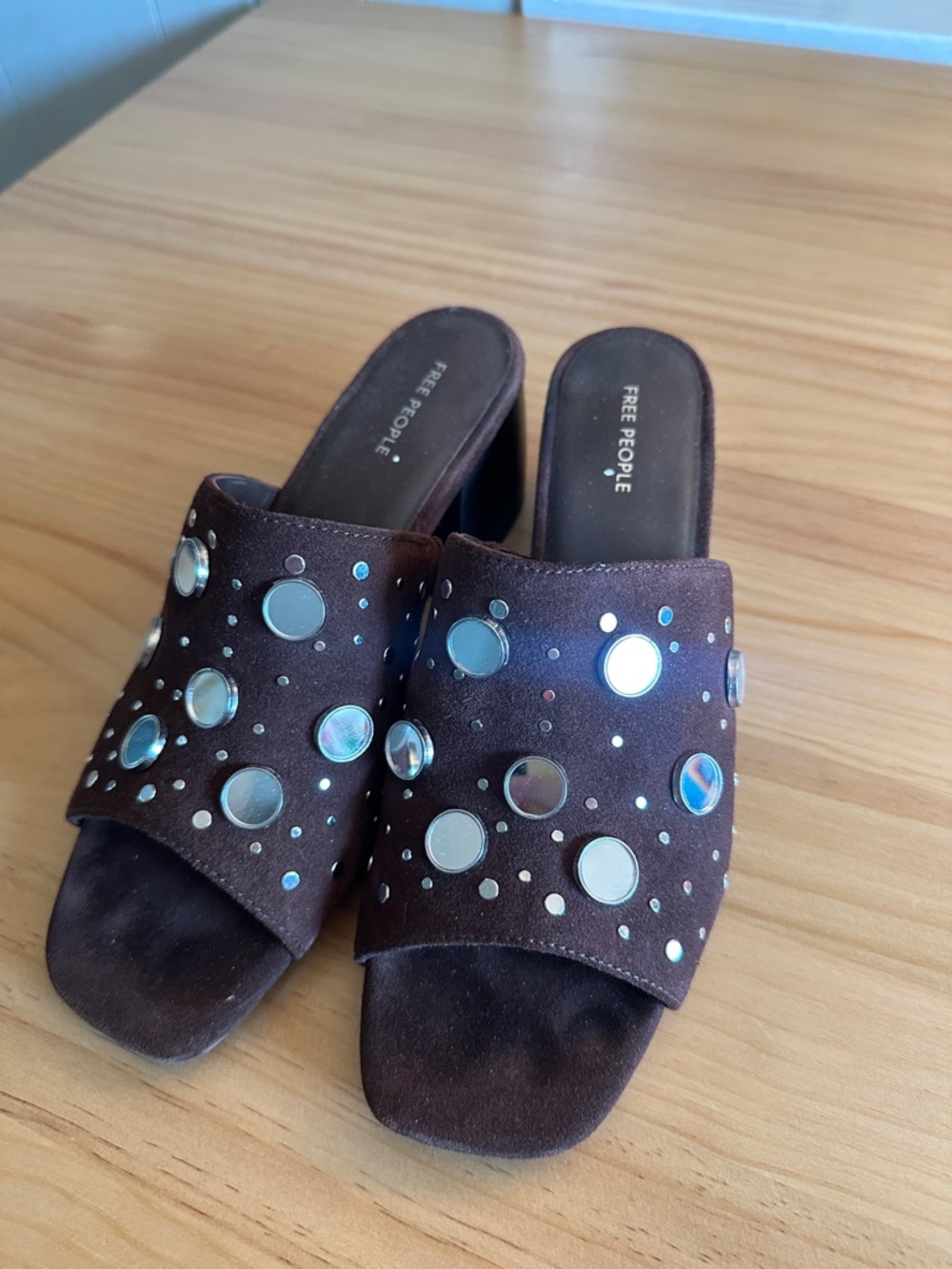 Free People Dark Brown Suede Slide Mules with Mirror Studs